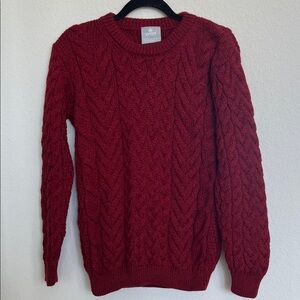 Aran Super Soft Merino Knit Crewneck Sweater in Maroon Red